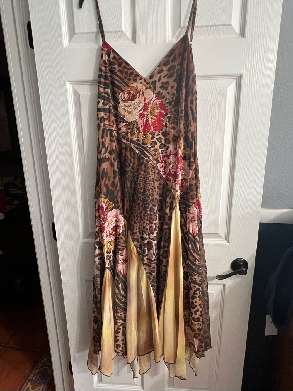SHEIN Brown Leopard Maxi Slip Dress with Pink Floral & Cream Panels